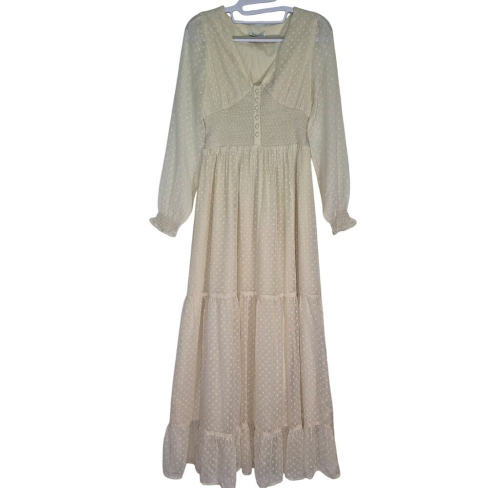 Patrons of Peace Swiss Dot Maxi Dress Women XS Cream Smocked Waist Boho.